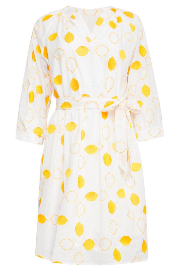 Smashed Lemon 25017 Te Katoenen Jurk Met Citroen Borduursels3/4 Mouwen | White-Yellow