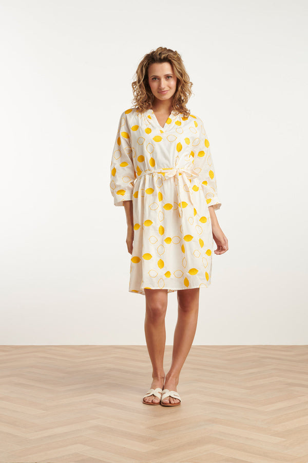 Smashed Lemon 25017 Te Katoenen Jurk Met Citroen Borduursels3/4 Mouwen | White-Yellow