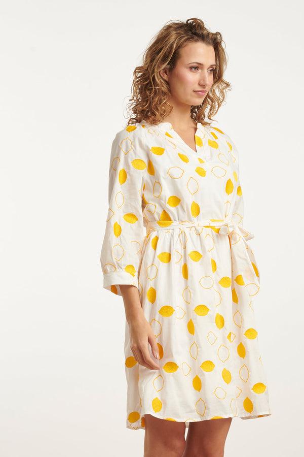 Smashed Lemon 25017 Te Katoenen Jurk Met Citroen Borduursels3/4 Mouwen | White-Yellow