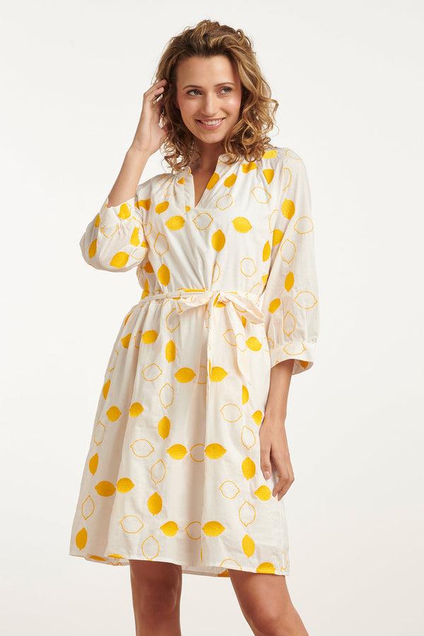 smashed lemon 25017 Te Katoenen Jurk Met Citroen Borduursels3/4 Mouwen | White-Yellow