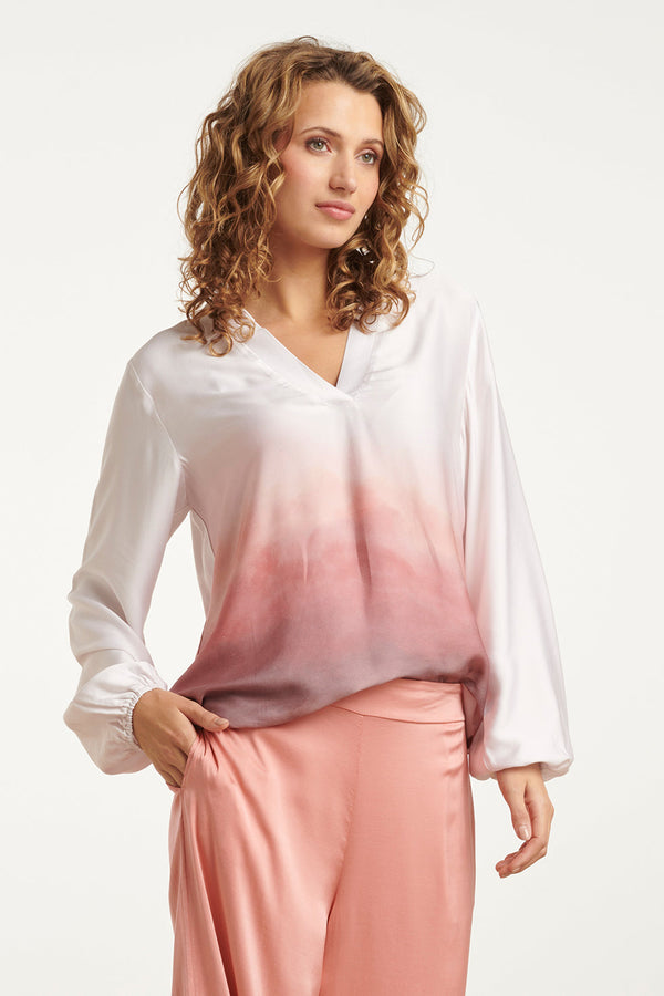 Smashed Lemon 25020 Top Met Kraagvintage Mauve Ombre Print | Off White-Old Pink