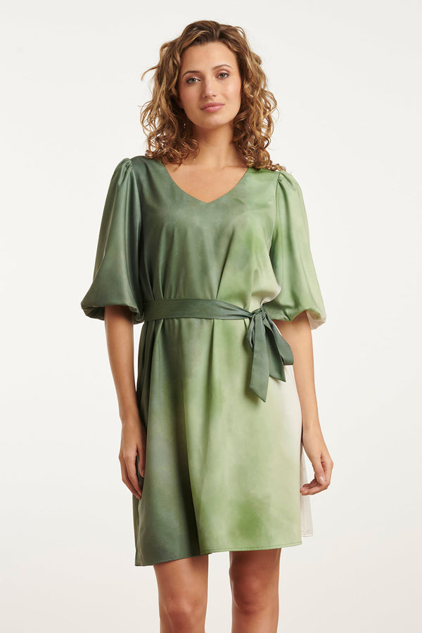 smashed lemon 25022 V-Vormige Jurk Met Ballonmouwen Ombre Print | Off White-Light Green