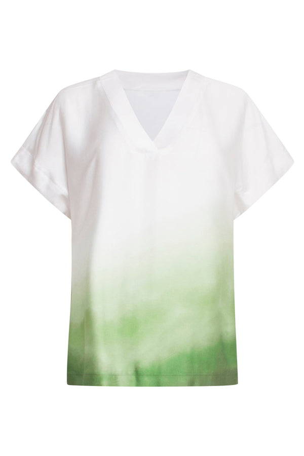 Smashed Lemon 25023 Loose Fit V-Paneel Top Met Ombre Print | Off White-Light Green
