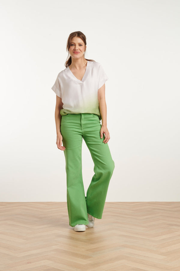 Smashed Lemon 25023 Loose Fit V-Paneel Top Met Ombre Print | Off White-Light Green