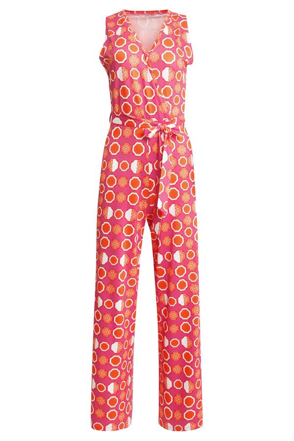 Smashed Lemon 25025 V-Hals Jumpsuit Met Grafische Fruitprint | Pink-Multicolour