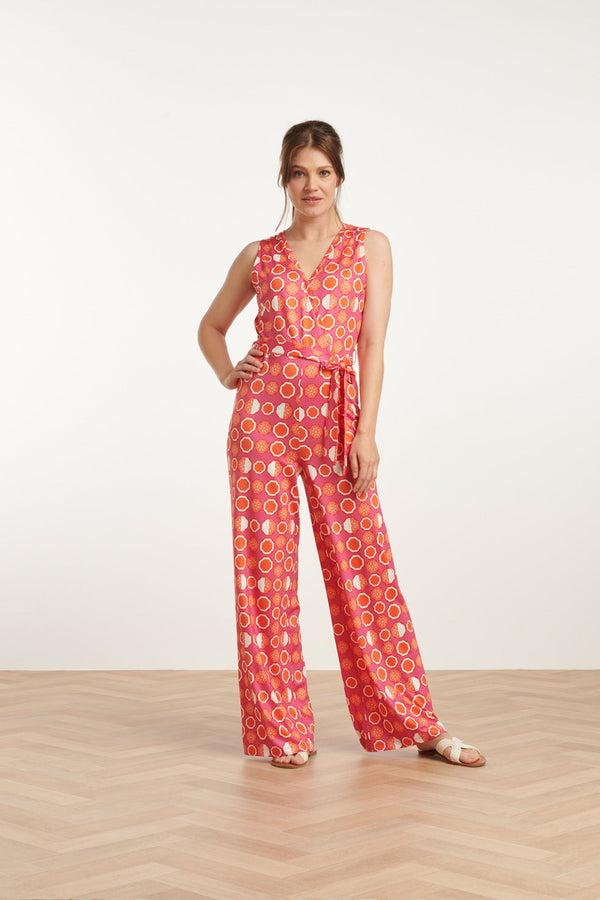 Smashed Lemon 25025 V-Hals Jumpsuit Met Grafische Fruitprint | Pink-Multicolour