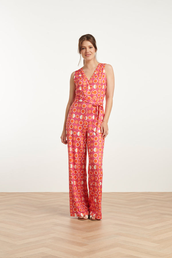 smashed lemon 25025 V-Hals Jumpsuit Met Grafische Fruitprint | Pink-Multicolour