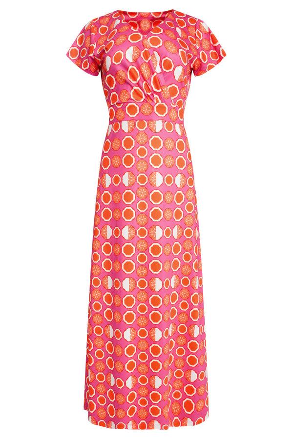 Smashed Lemon 25026 Maxi Jurk Met V-Hals Met Fruitprint | Pink-Multicolour