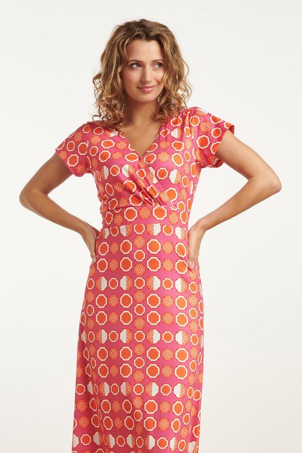 Smashed Lemon 25026 Maxi Jurk Met V-Hals Met Fruitprint | Pink-Multicolour