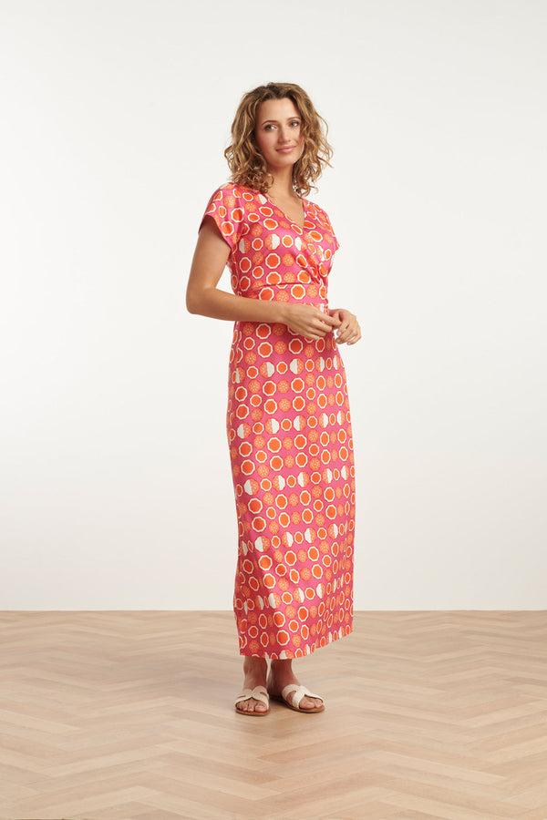 Smashed Lemon 25026 Maxi Jurk Met V-Hals Met Fruitprint | Pink-Multicolour
