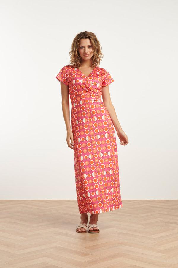 smashed lemon 25026 Maxi Jurk Met V-Hals Met Fruitprint | Pink-Multicolour