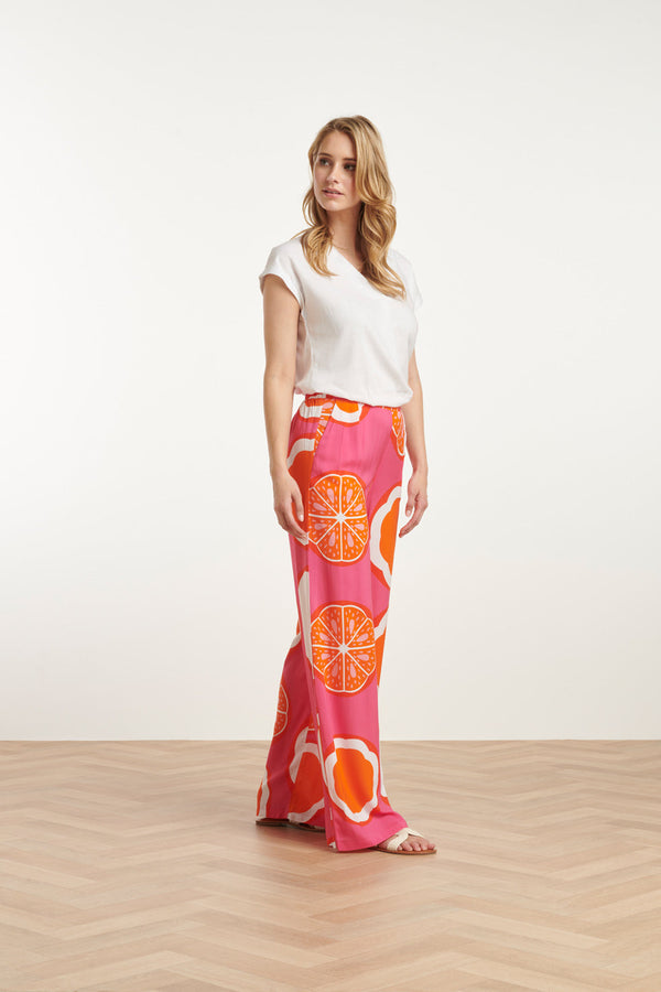 Smashed Lemon 25027 Wide-Leg Broek Met Fruitprint | Pink-Multicolour