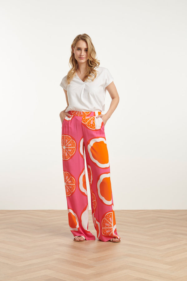 smashed lemon 25027 Wide-Leg Broek Met Fruitprint | Pink-Multicolour smashed lemon 25027 Wide-Leg Broek Met Fruitprint | Pink-Multicolour