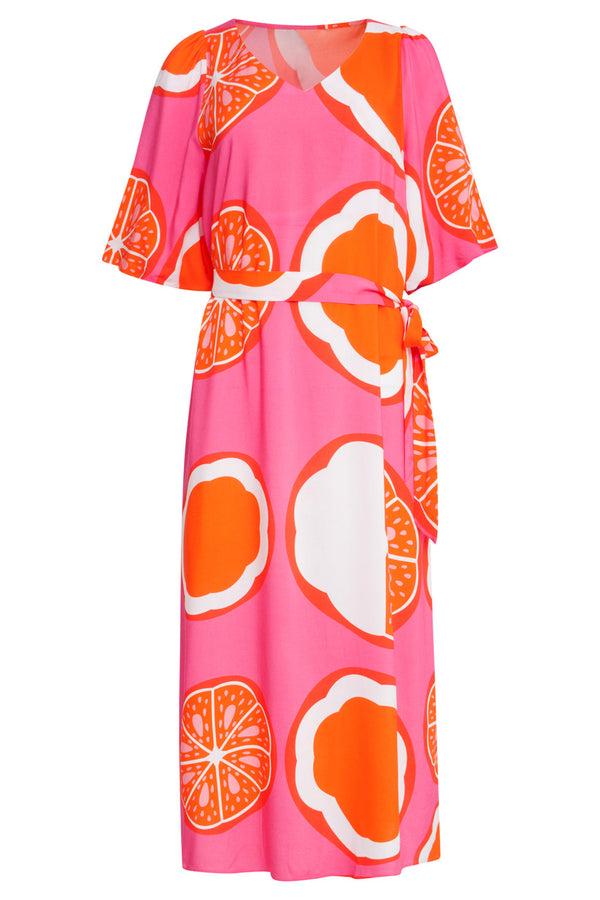 Smashed Lemon 25028 V-Neck Midi Jurk Met Ballonmouwengrafisch Fruitprint | Pink-Multicolour