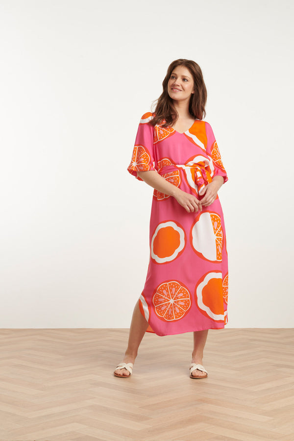 smashed lemon 25028 V-Neck Midi Jurk Met Ballonmouwengrafisch Fruitprint | Pink-Multicolour