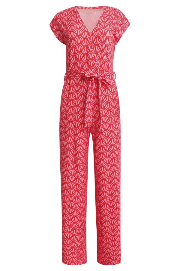 Smashed Lemon 25039 V-Vormige Jumpsuit Met Overlappende Halslijnschelpprint | Red-Pink