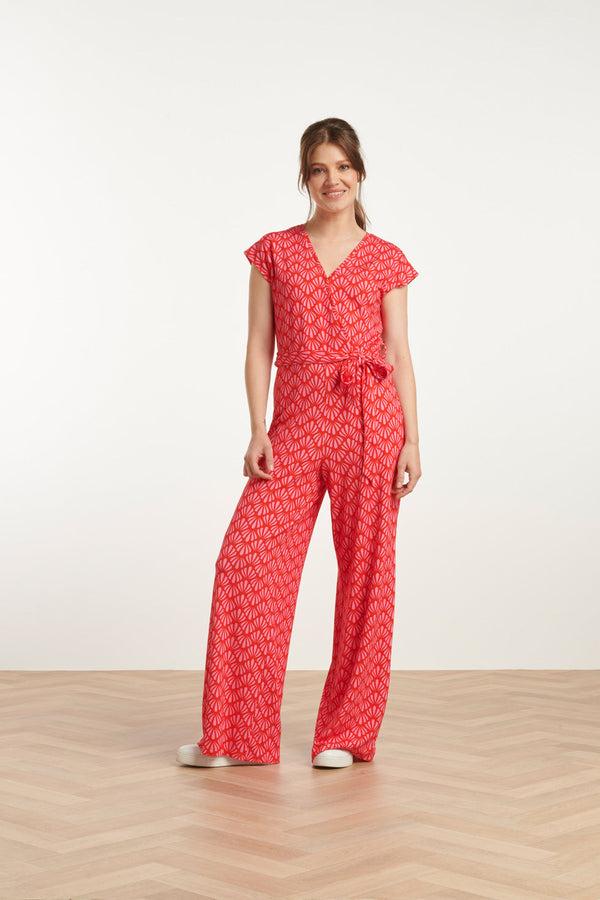 smashed lemon 25039 V-Vormige Jumpsuit Met Overlappende Halslijnschelpprint | Red-Pink