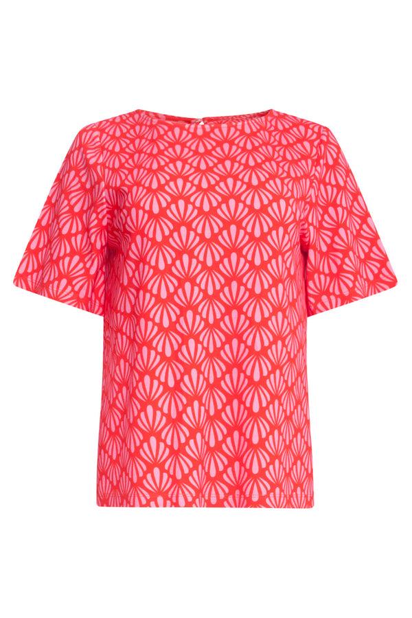 Smashed Lemon 25040 Stretchy Rondhals Top Met Schelpprint | Red-Pink