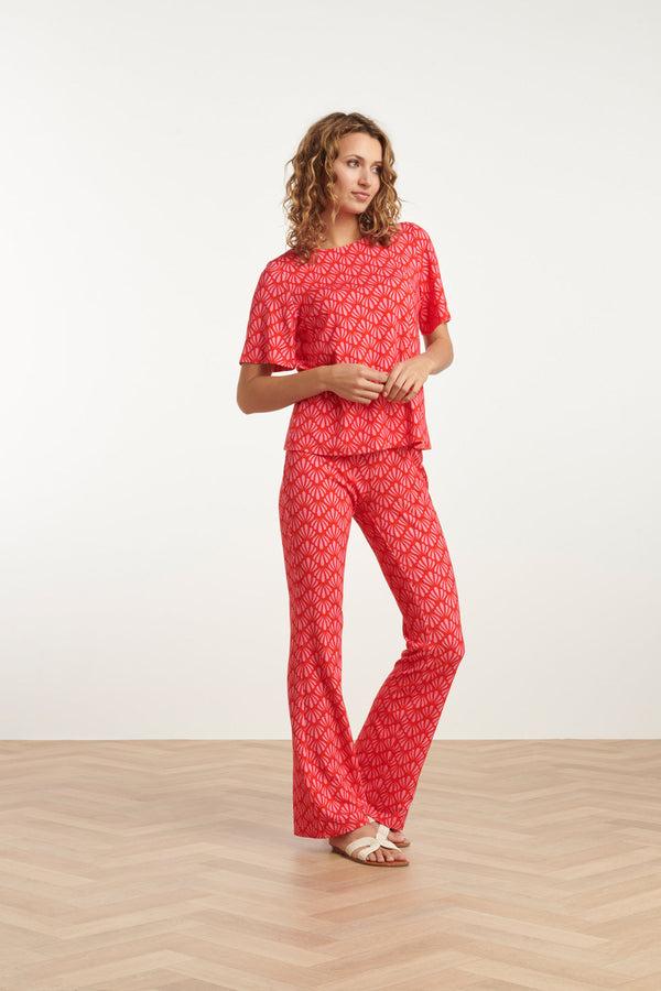 Smashed Lemon 25041 Flared Leggings Met Schelpenprint | Red-Pink