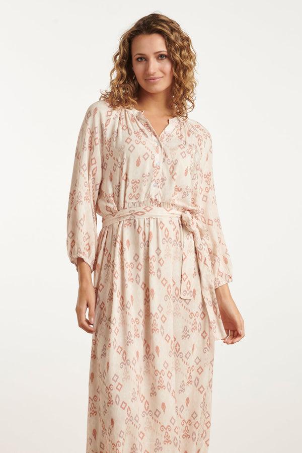 Smashed Lemon 25042 Lichte Maxi Jurk Met V-Halsaztec Print-Nude Tinten | Sand-Multicolour