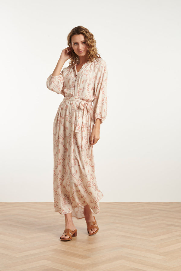 Smashed Lemon 25042 Lichte Maxi Jurk Met V-Halsaztec Print-Nude Tinten | Sand-Multicolour