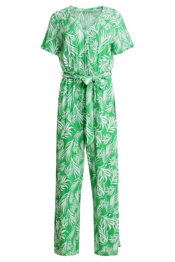 Smashed Lemon 25046 Stretch Jumpsuit Met V-Halsbladprint | Green-White