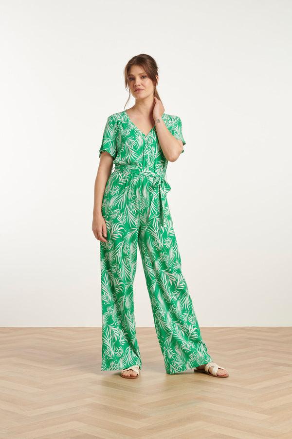 Smashed Lemon 25046 Stretch Jumpsuit Met V-Halsbladprint | Green-White
