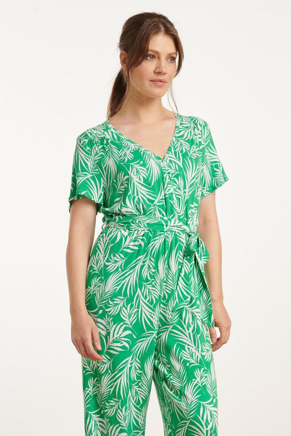 Smashed Lemon 25046 Stretch Jumpsuit Met V-Halsbladprint | Green-White