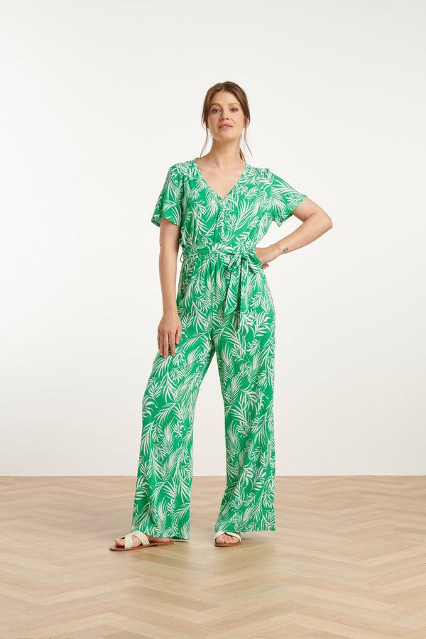 smashed lemon 25046 Stretch Jumpsuit Met V-Halsbladprint | Green-White smashed lemon 25046 Stretch Jumpsuit Met V-Halsbladprint | Green-White