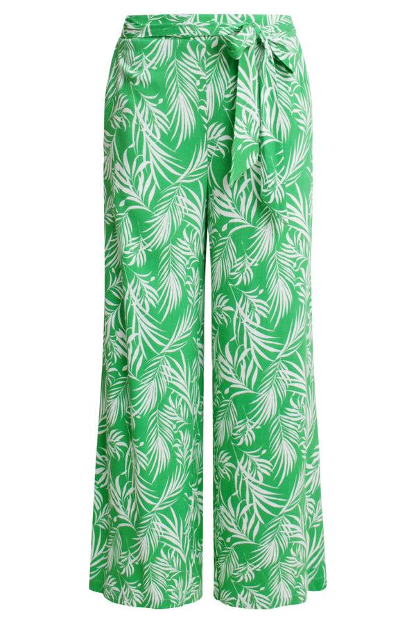 Smashed Lemon 25047 Stretchy Flowy Broek Met Bladprint | Green-White
