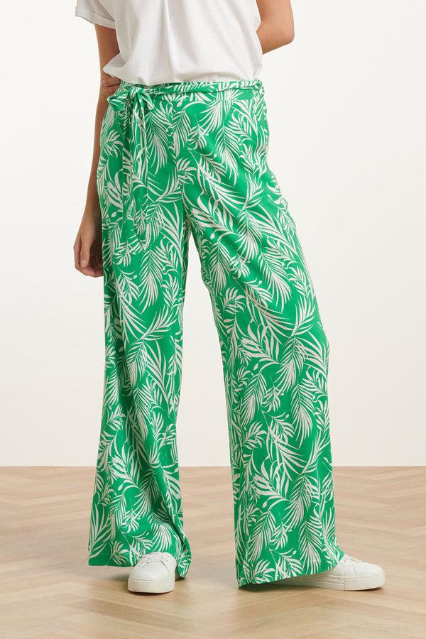 Smashed Lemon 25047 Stretchy Flowy Broek Met Bladprint | Green-White
