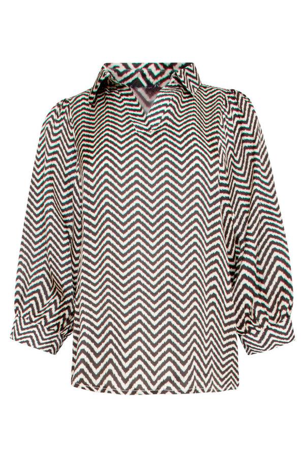 Smashed Lemon 25049 Zigzag Print Top Met Kraag3/4 Puff Mouwen | Offwhite-Black