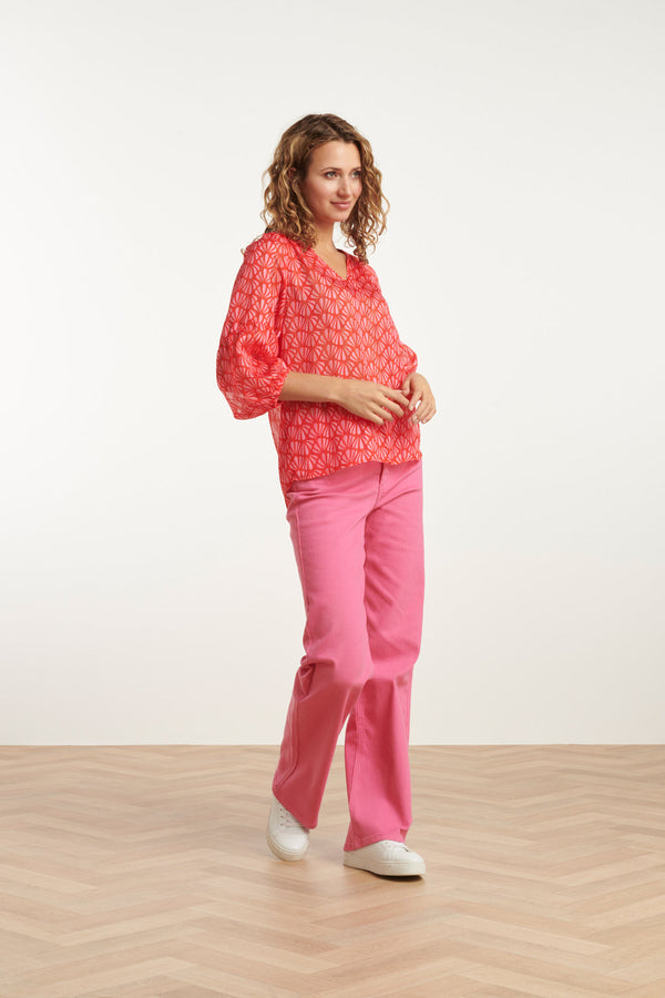 Smashed Lemon 25051 Elegante Chiffon Top Met - Schelpprint | Red-Pink