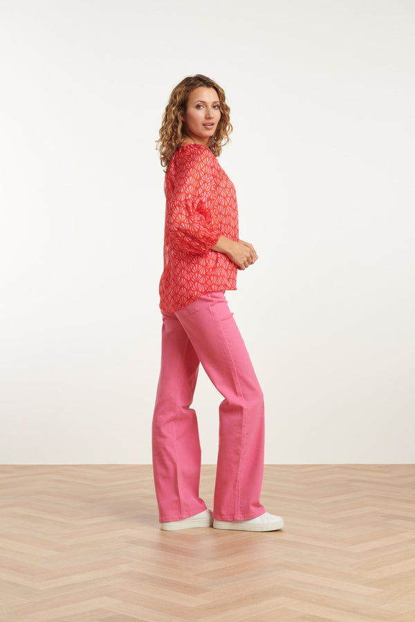 Smashed Lemon 25051 Elegante Chiffon Top Met - Schelpprint | Red-Pink