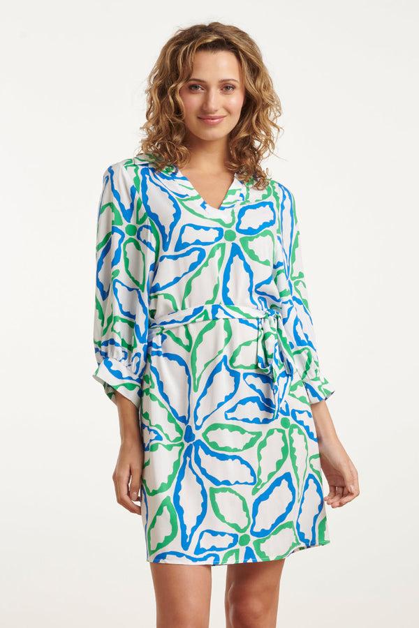 smashed lemon 25052 Korte Jurk Met Kraaggrafisch Bloemenprintcobalt | Cobalt-Green