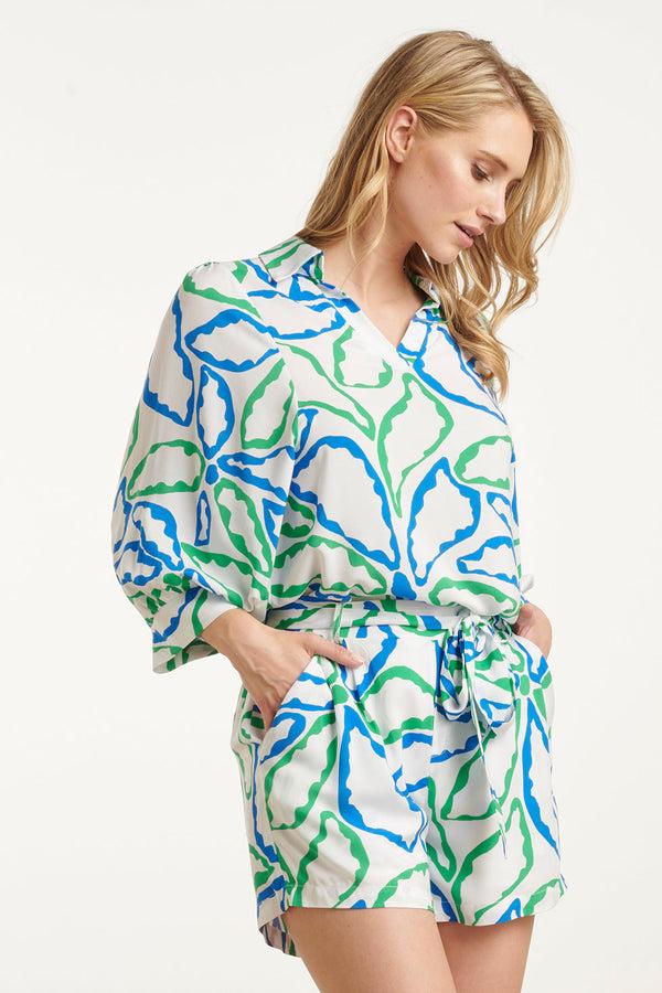 Smashed Lemon 25053 Te Top Met V-Halskobalt Bloemenprint | Cobalt-Green
