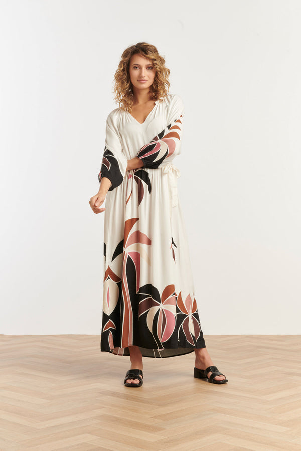 Smashed Lemon 25057 Off White Flowy Maxi Jurk Met Mauve Palm Print | Sand-Multicolour