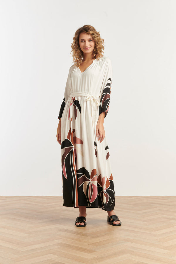 smashed lemon 25057 Off White Flowy Maxi Jurk Met Mauve Palm Print | Sand-Multicolour