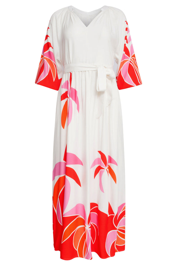 Smashed Lemon 25058 Off White Flowy Maxi Jurk Met Helder Palm Print | Red-Multicolour