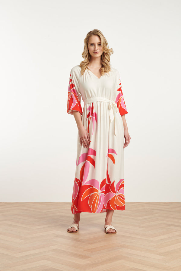 Smashed Lemon 25058 Off White Flowy Maxi Jurk Met Helder Palm Print | Red-Multicolour