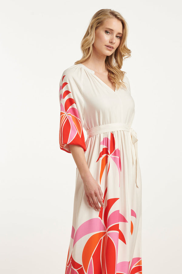 Smashed Lemon 25058 Off White Flowy Maxi Jurk Met Helder Palm Print | Red-Multicolour