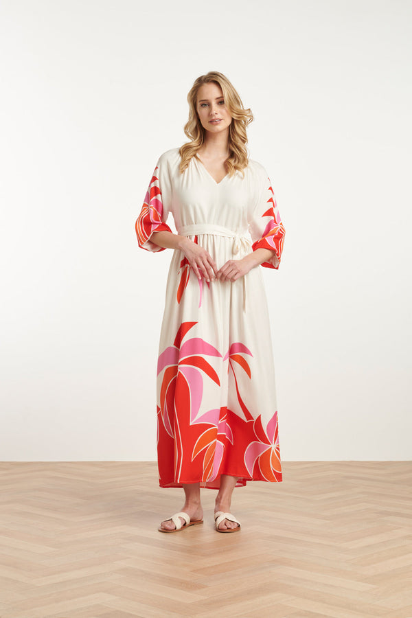 smashed lemon 25058 Off White Flowy Maxi Jurk Met Helder Palm Print | Red-Multicolour