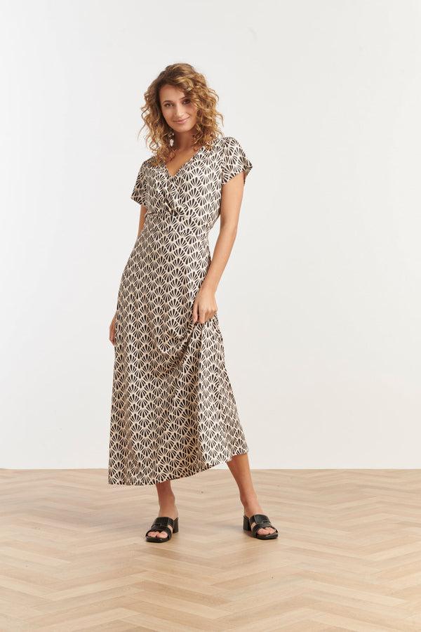 smashed lemon 25063 E Schelpenprint Maxi-Jurk | Offwhite-Black