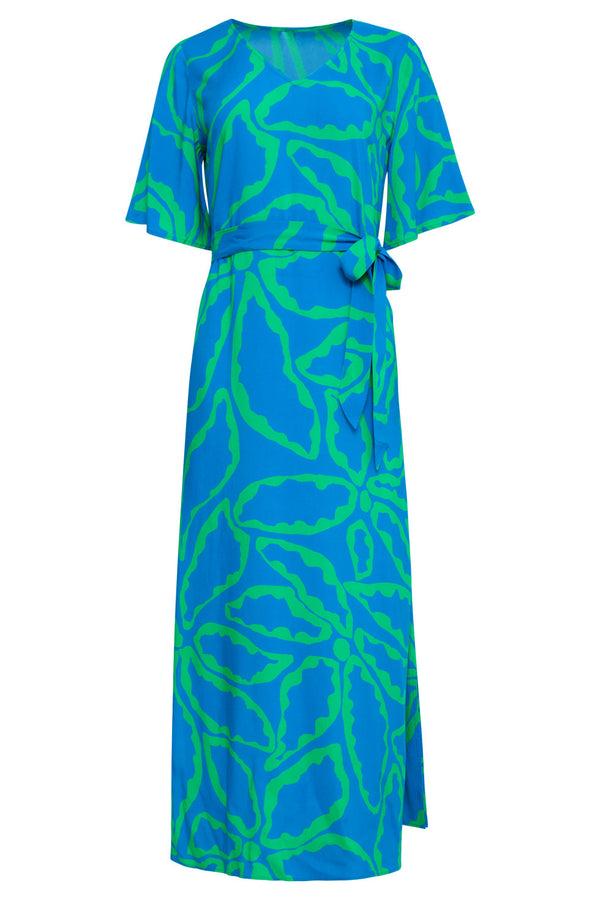 Smashed Lemon 25068 Maxi Jurk Met Grafische Bloemenprintfelgras | Cobalt-Green