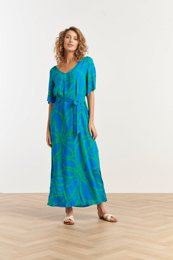 Smashed Lemon 25068 Maxi Jurk Met Grafische Bloemenprintfelgras | Cobalt-Green