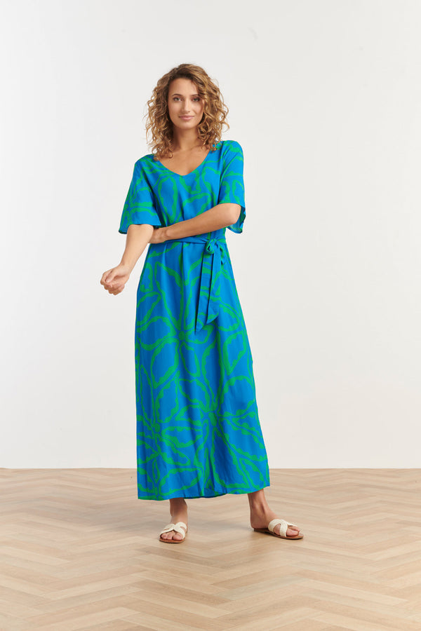smashed lemon 25068 Maxi Jurk Met Grafische Bloemenprintfelgras | Cobalt-Green
