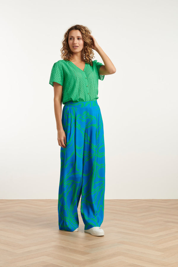 Smashed Lemon 25069 Wijde Broek Met Grafische Bloemenprintfelgras | Cobalt-Green