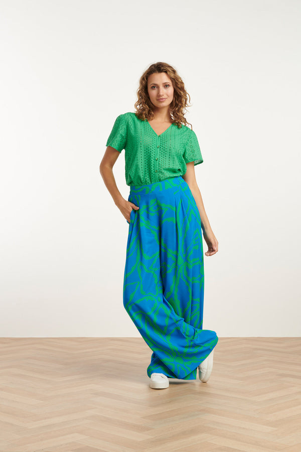 smashed lemon 25069 Wijde Broek Met Grafische Bloemenprintfelgras | Cobalt-Green