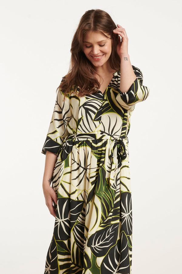 Smashed Lemon 25070 Leaf Print Chiffon Midi Jurk | Green-Multicolour