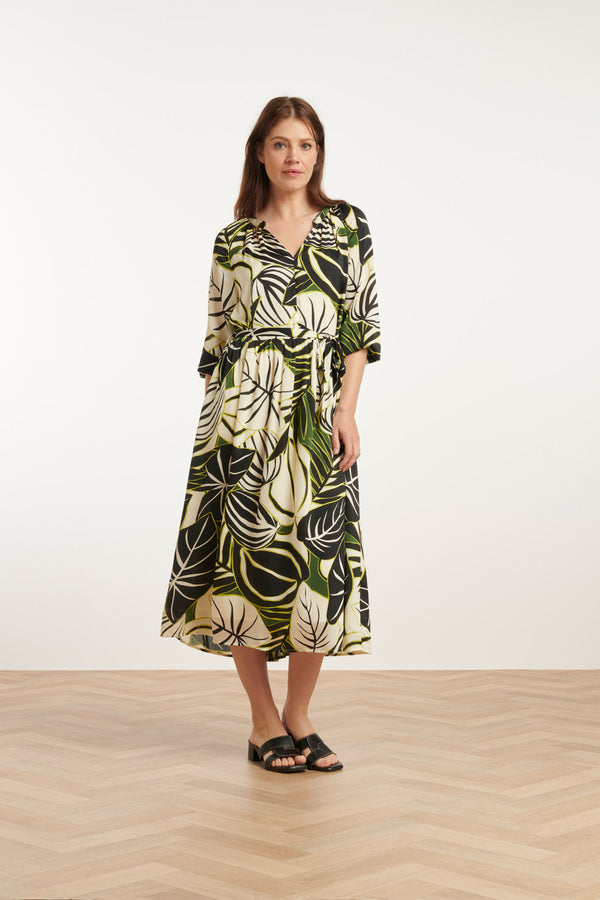 Smashed Lemon 25070 Leaf Print Chiffon Midi Jurk | Green-Multicolour